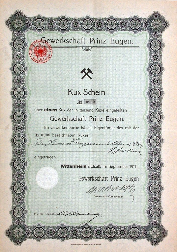 Documenti: Gewerkschaft Prinz Eugen, Wittenheim - 1911 – Usato da Solothurn venduto da Sgasche