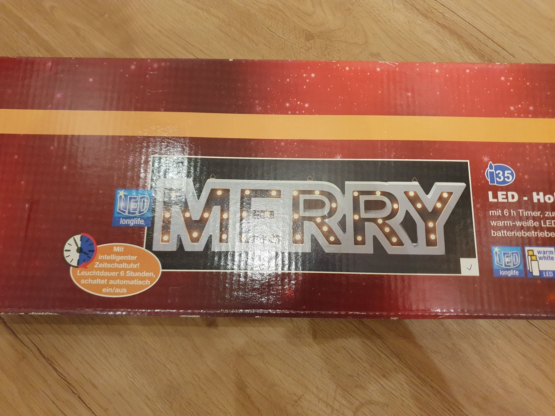Ghirlande e barre luminose: LED Holzschriftzug MERRY warmweiss mit Batterien & Timer – Nuovo (secondo la descrizione) da Heinrichswil venduto da frankie19860 3