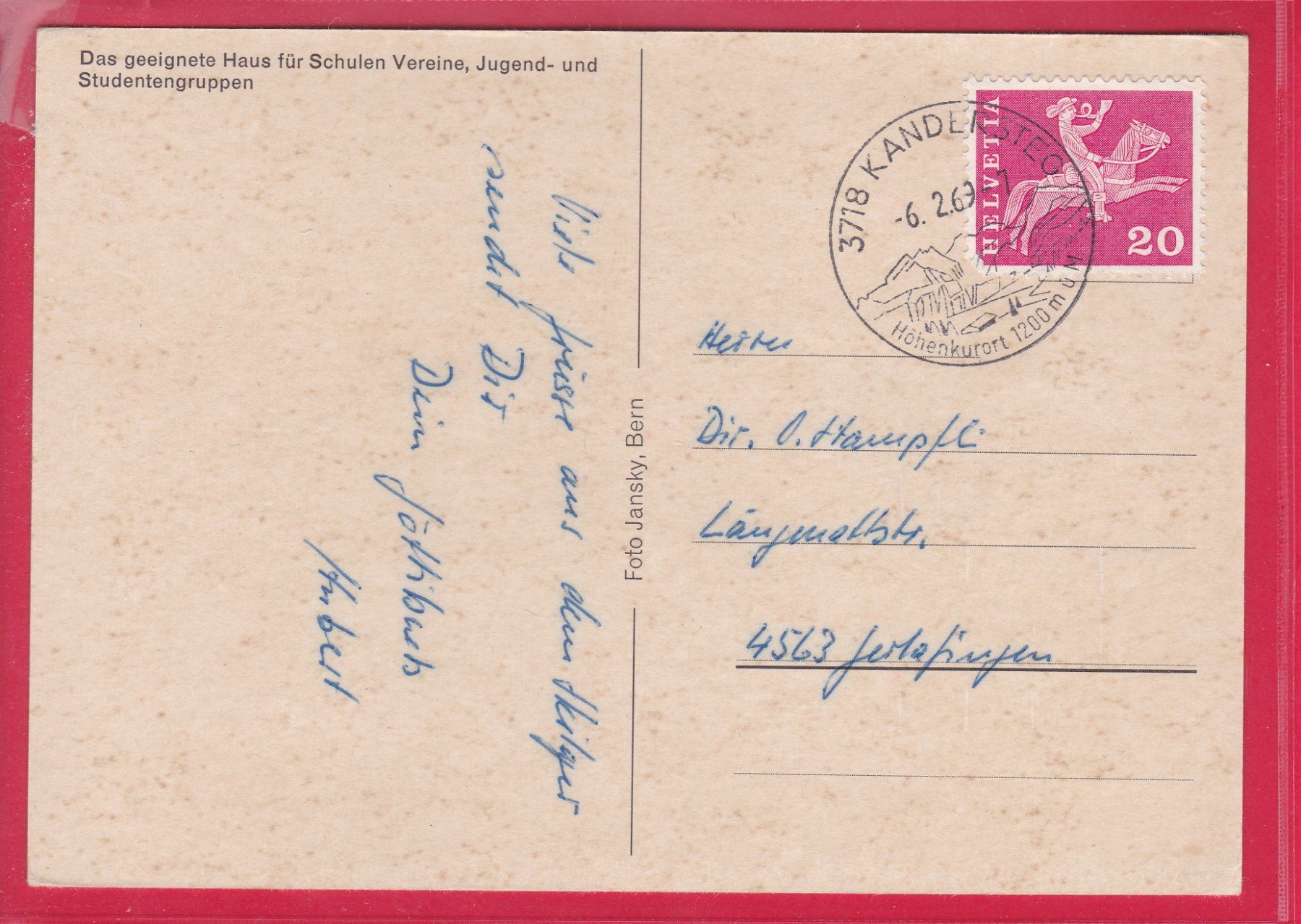 Cartoline postali: KANDERSTEG, HOTEL MON REPOS, 6.2.1969 – Usato da Oberrieden venduto da Gebirgsstelze 1