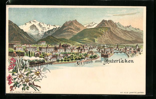 Cartoline postali: Litho Interlaken, Gesamtansicht aus der  – Usato da Berlin venduto da bartko-reher