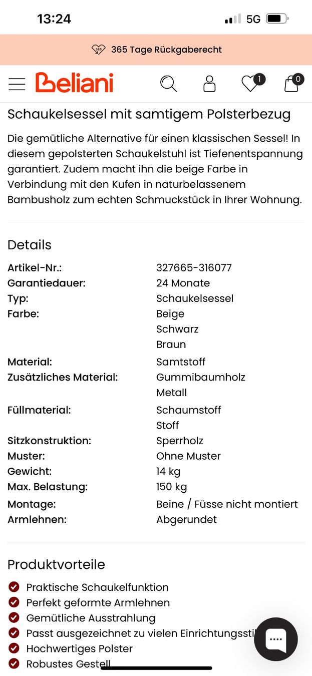 Beliani Sedie: Schaukelstuhl Beliani – Nuovo (secondo la descrizione) da Brütten venduto da arbaras 2