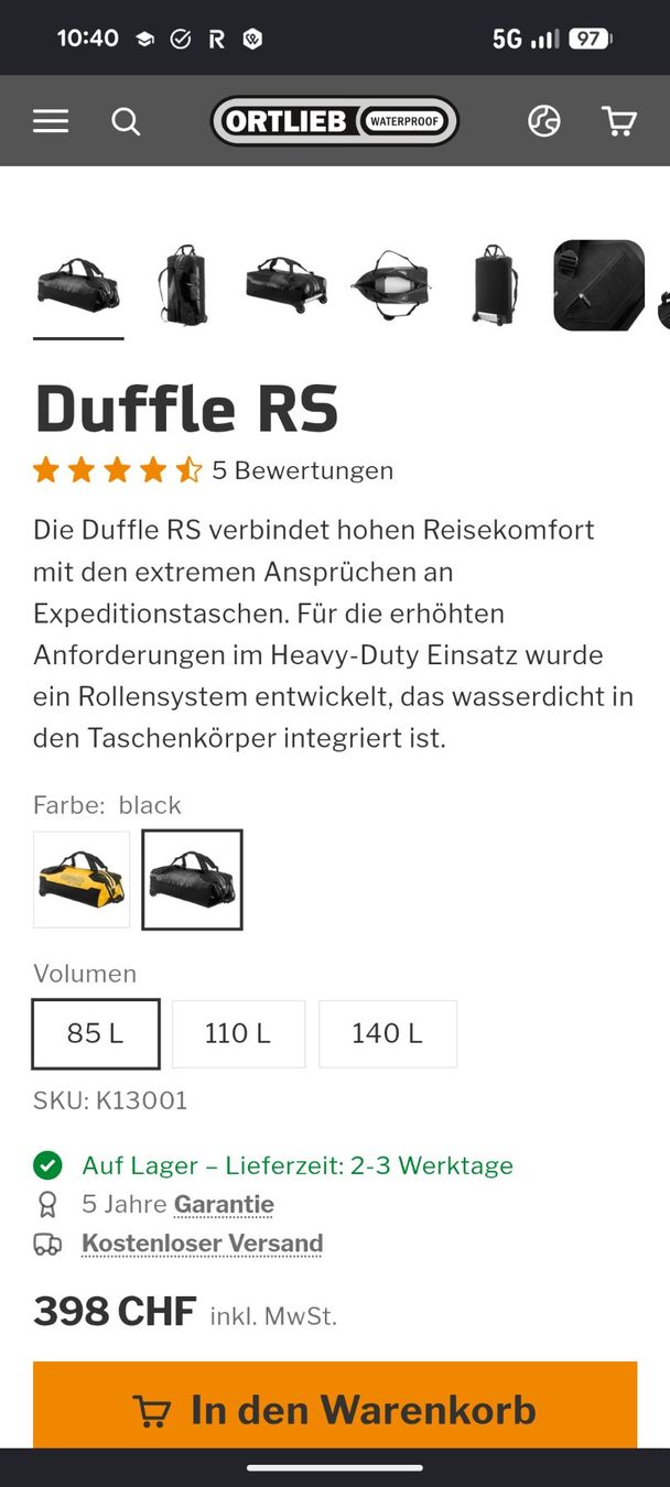 Ortlieb Borse: Ortlieb Duffle RS 85, Neu, Originalverpackt__sehr günstig – Nuovo e nell'imballaggio originale da Pratteln venduto da Konni2020 1