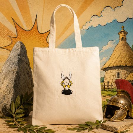 Sac tote brodé main – style Astérix Obélix, BD vintage