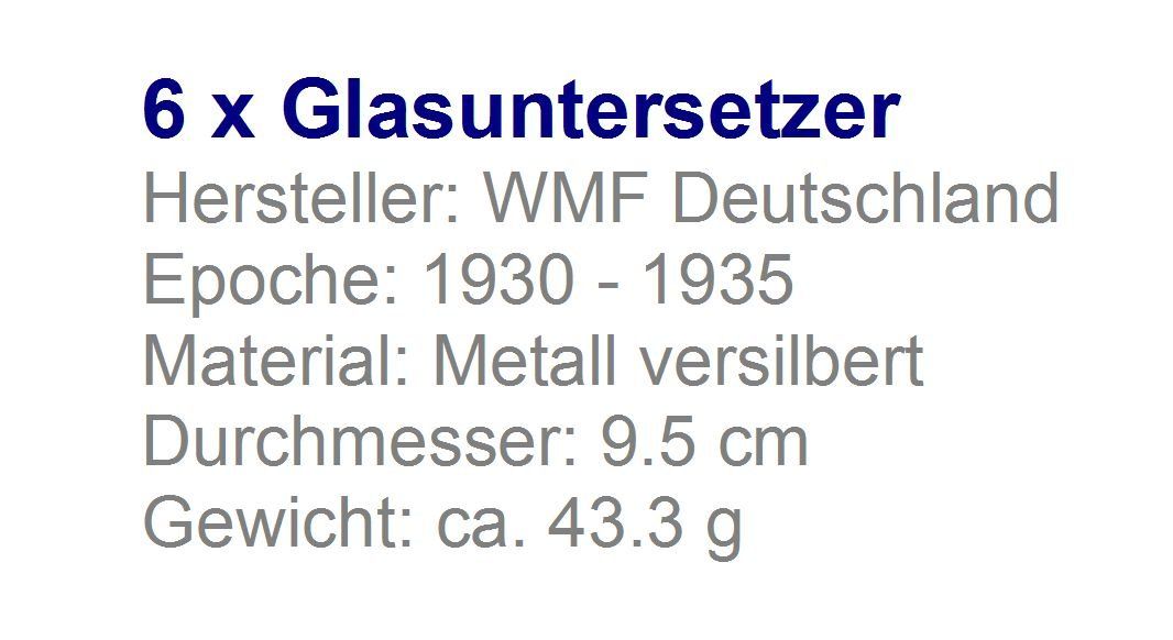 Sottobicchieri: 6 x Glasuntersetzer versilbert 1930 - 1935 – Usato da Flamatt venduto da samowarow 1