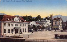Vevey, Place de la Gare & Hôtel des Postes voitures ~1915-20