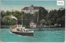 Schloss auf Insel Mainau mit Landungsplatz - Dampfer - Litho