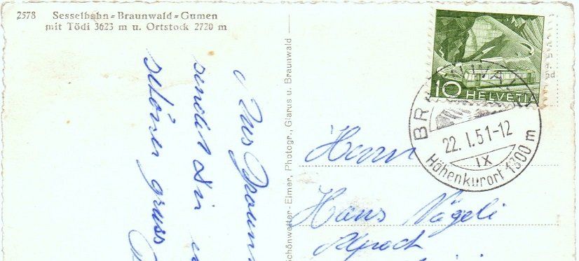 Cartoline postali: BRAUNWALD Sesselbahn Gumen, Ski – Usato da Jona venduto da philajona 1