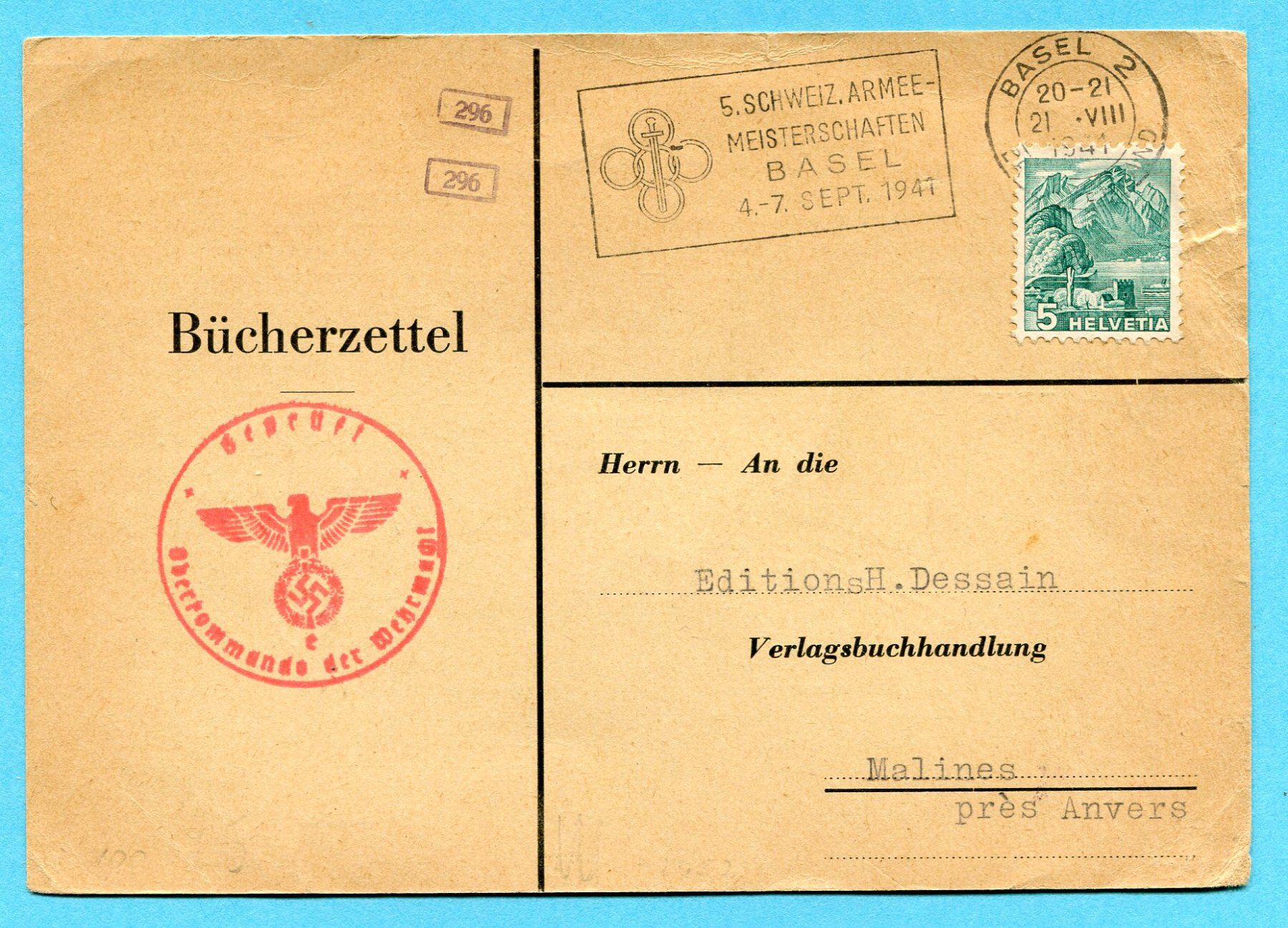 Tutti i francobolli: Bücherzettel 1941 von Basel nach Malines - zensuriert – Usato da Opfikon venduto da Prophila