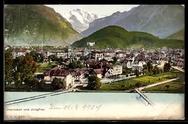 AK Interlaken, Stadtansicht mit Brücken u. Jungfrau