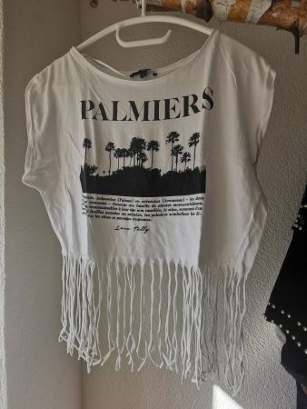 Weisses Sommer Palmier T-Shirt mit Fransen - S