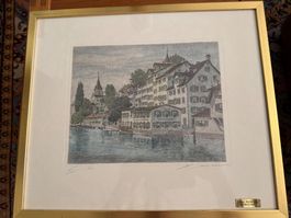 Radierung von Margarete Götz "Altstadt Zürich - Schipfe"
