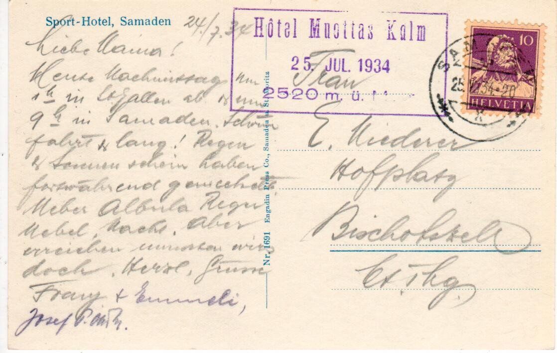 Cartoline postali: Sport Hotel Samaden  1934 – Usato da Wolhusen venduto da Curver9 1
