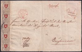 1851, ORTS-POST, Fünferstreifen auf Brief von LUZERN, selten