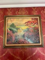 Tableau Paysage Romantique, Signé, Cadre Doré Massif