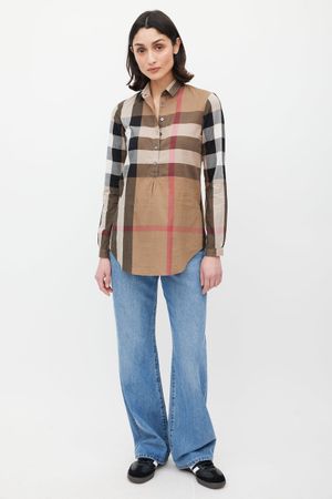 Burberry Brit Nova Check Plaid Popover Half Button Blouse