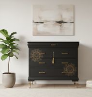 Unikat schwarze Vintage Kommode mit Goldornamenten
