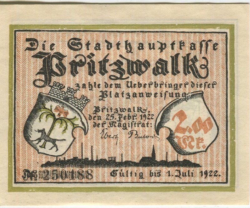Banconote: Notgeld "2 Mark. Pritzwalk 1922" – Usato da Basel venduto da Butsch5 1