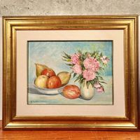 Vintage G. Herbin Still Life Oil Painting - Roses & Fruits