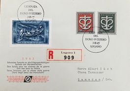 Brief mit Blockausschnitt Schw Spende 1945 u Sondermarken