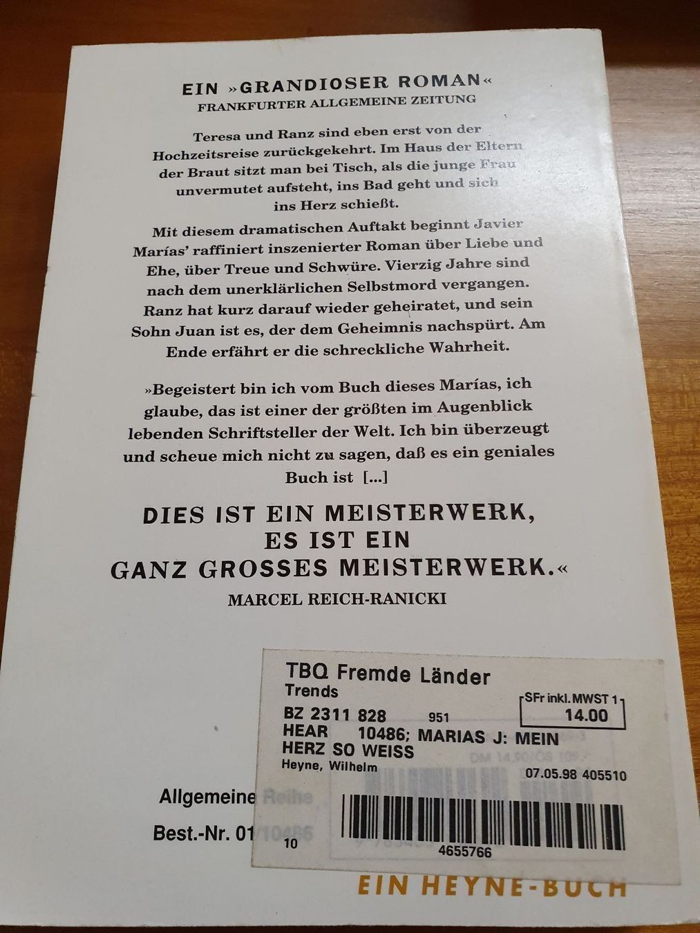 Libri: Mein Herz so weiss- Javier Marias – Usato da Oberdorf BL venduto da BaldenEagle 1