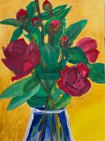 Rosenstrauss in blau-weisser Vase, Original Ölgemälde.