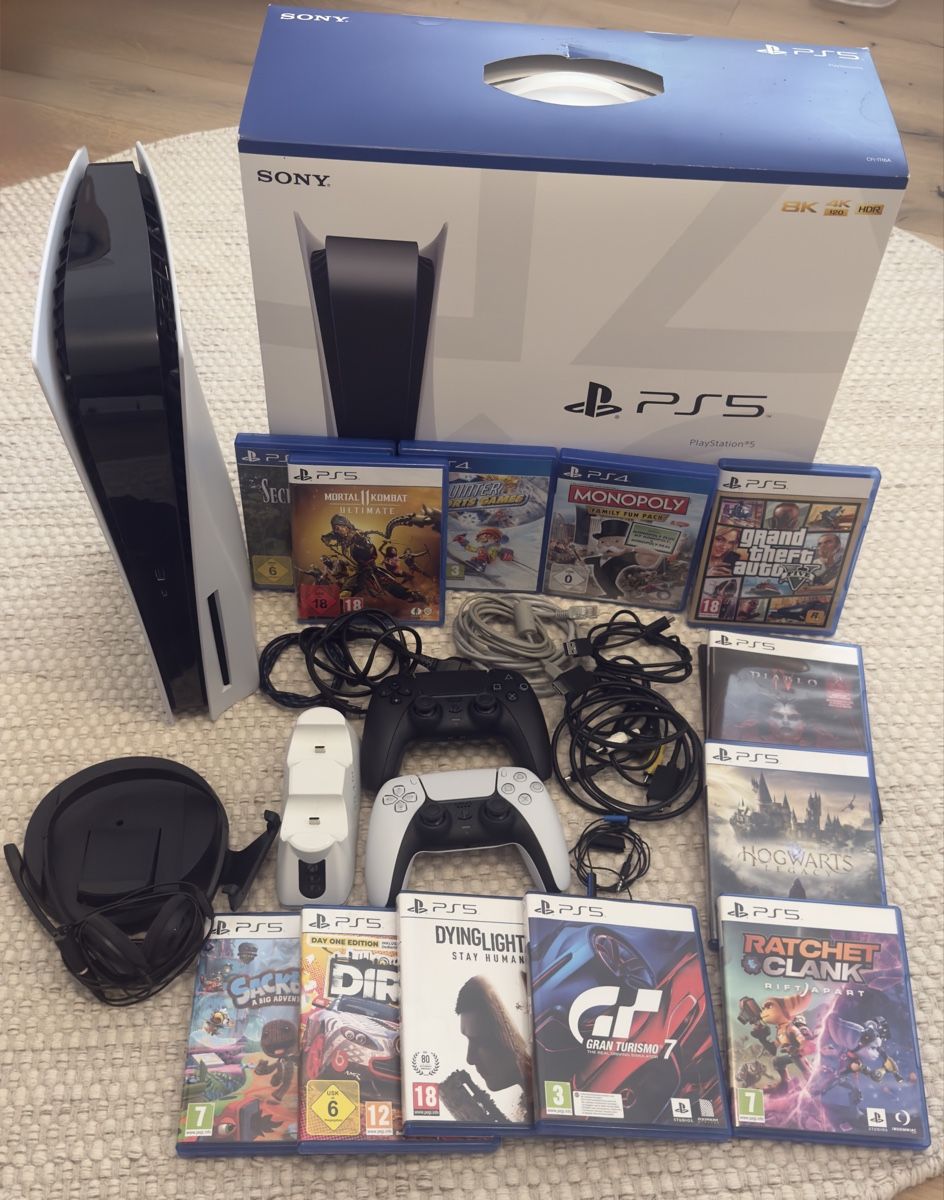 Sony Konsolen: 🎮 PS5 Disc + 2 Controller + 12 Spiele + Headset – Gebraucht aus Uster von sand.set