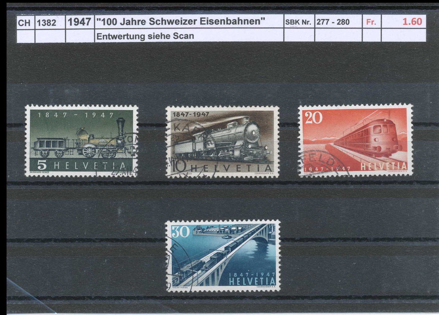 Tutti i francobolli: 1947 "100 Jahre Schweizer Eisenbahn",  gestempelt – Usato da Winterthur venduto da Zupogeru