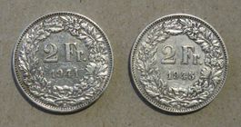 2 x Fr. 2.-  1941 und 1945  Silber