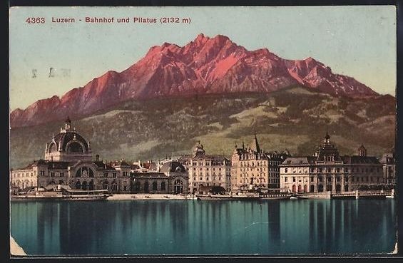 Ansichtskarten: AK Luzern, Bahnhof und Pilatus, 1908 – Gebraucht aus Berlin von bartko-reher