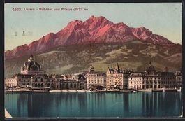 AK Luzern, Bahnhof und Pilatus, 1908