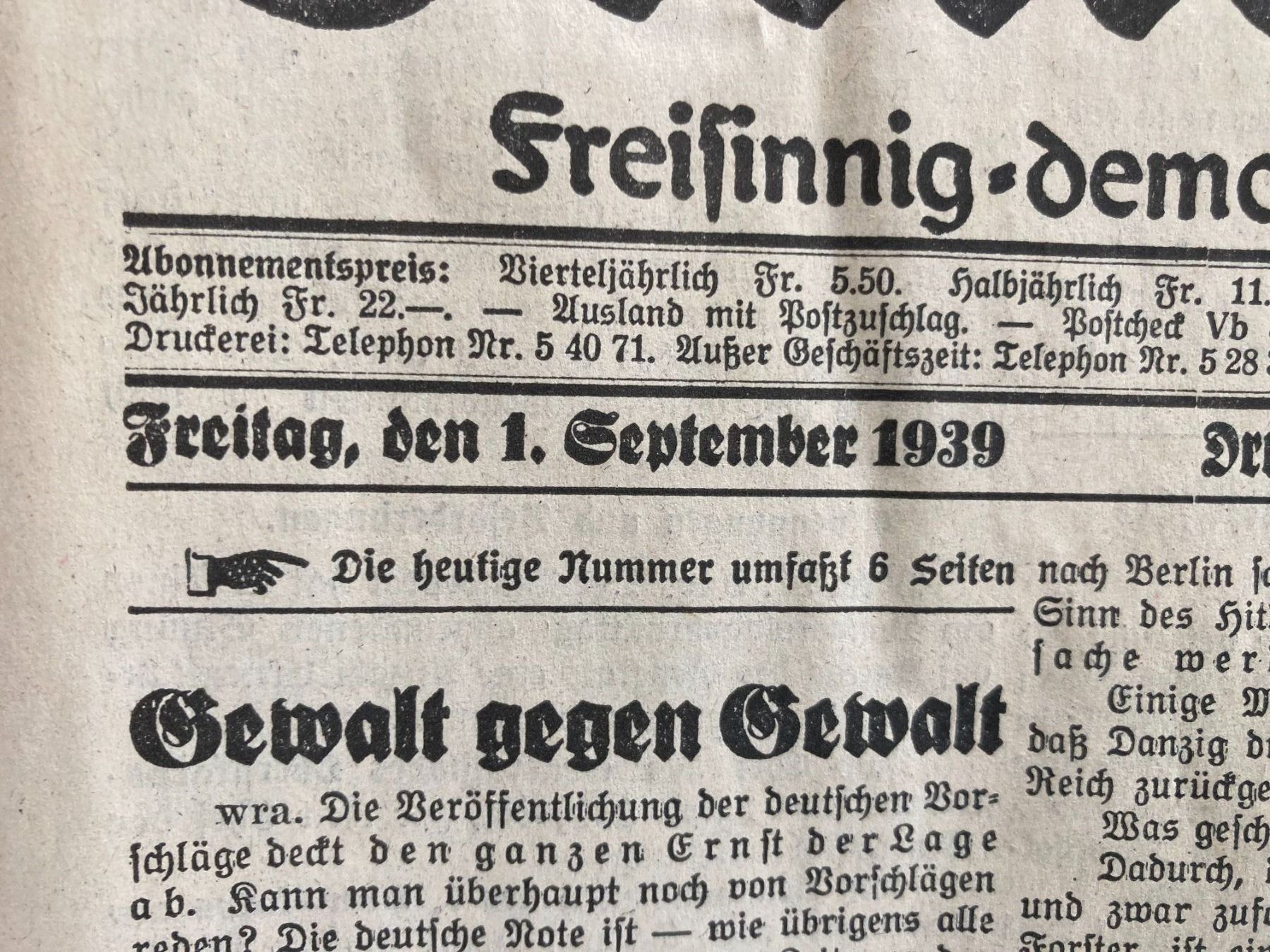 Riviste & Magazine: Oltner Tagblatt , Freitag 1. September 1939 – Usato da Subingen venduto da ArtBead 2