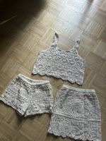 Crochet Top Skirt Shorts Set Beige Size S