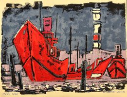 C. Herbert Kühn Lithographie  starkes Hafenmotiv "Werft"