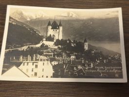 Antique Swiss Postcard: Thun Castle & Mountains, 1908