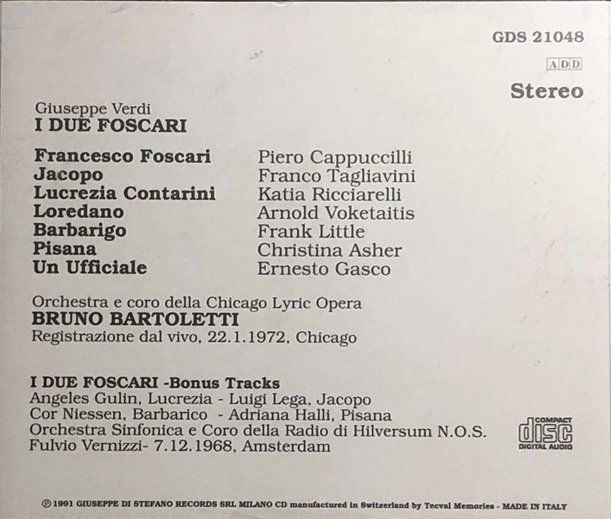CD: Verdi - I due Foscari (Cappuccilli / Bartoletti) – Usato da Grüningen venduto da azulblanco 1