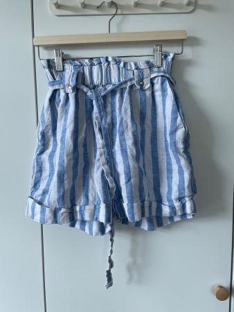 MANGO Leinen-Shorts, Blau/Weiss gestreift, Paperbag-Bund, XS