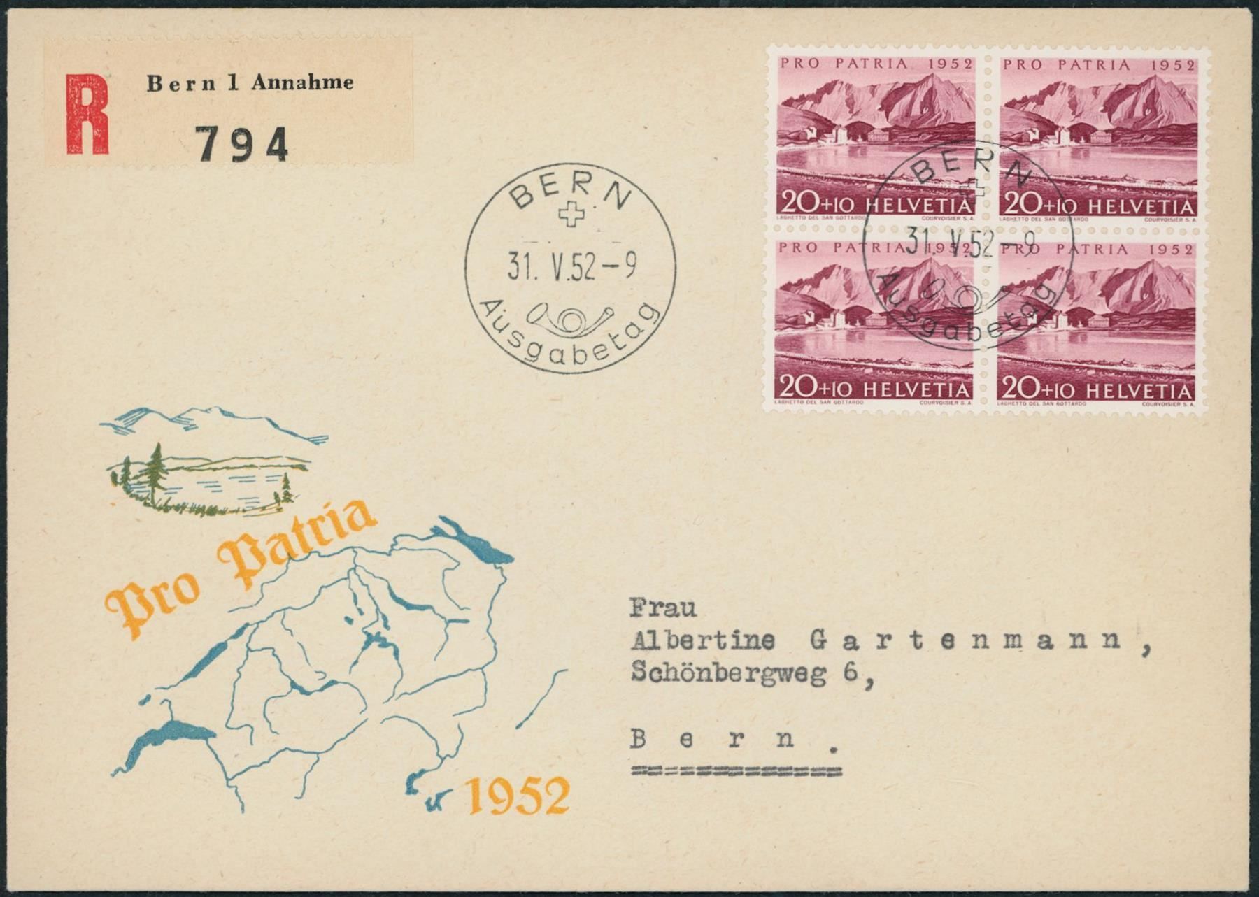 Tutti i francobolli: 1952 - Pro Patria - FDC U4 - dt. – Usato da Schindellegi venduto da leecollect 2