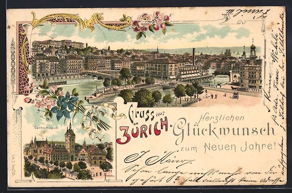 Cartes postales: Litho Zürich, Ortsansicht mit Flussbr – D'occasion à Berlin par bartko-reher