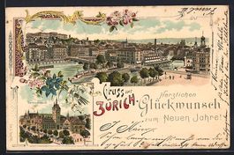 Litho Zürich, Ortsansicht mit Flussbr
