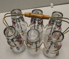 Vintage Gläser Set mit Halterung, 6 Stück, Goldfarbig(em58)