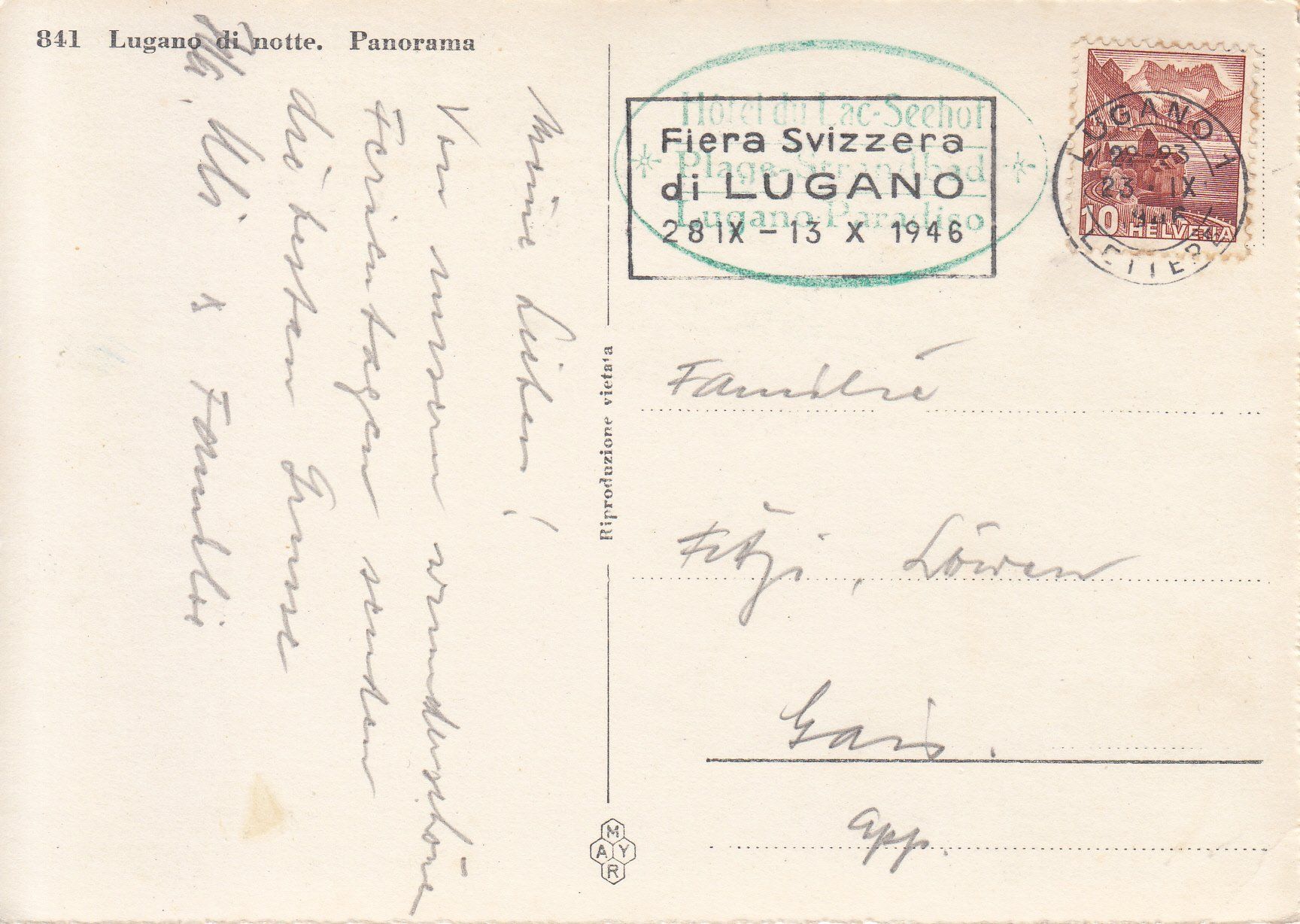 Cartoline postali: Lugano di notte 1946 – Usato da Bürglen TG venduto da StampGraf 1