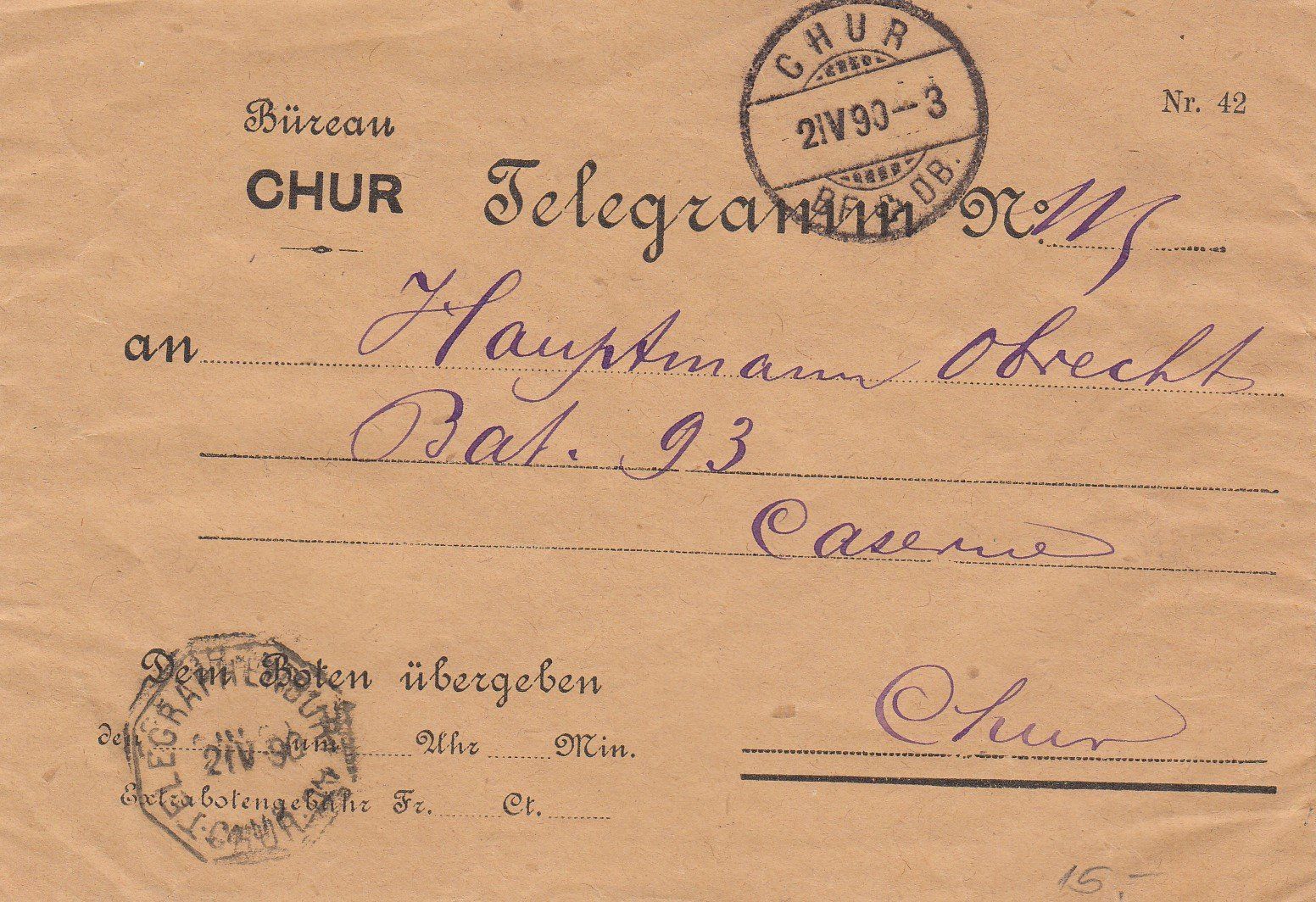 Tutti i francobolli: 1899 Ortstelegramm von Chur mit Telegraphenstempel – Usato da Rheinfelden venduto da ricci62