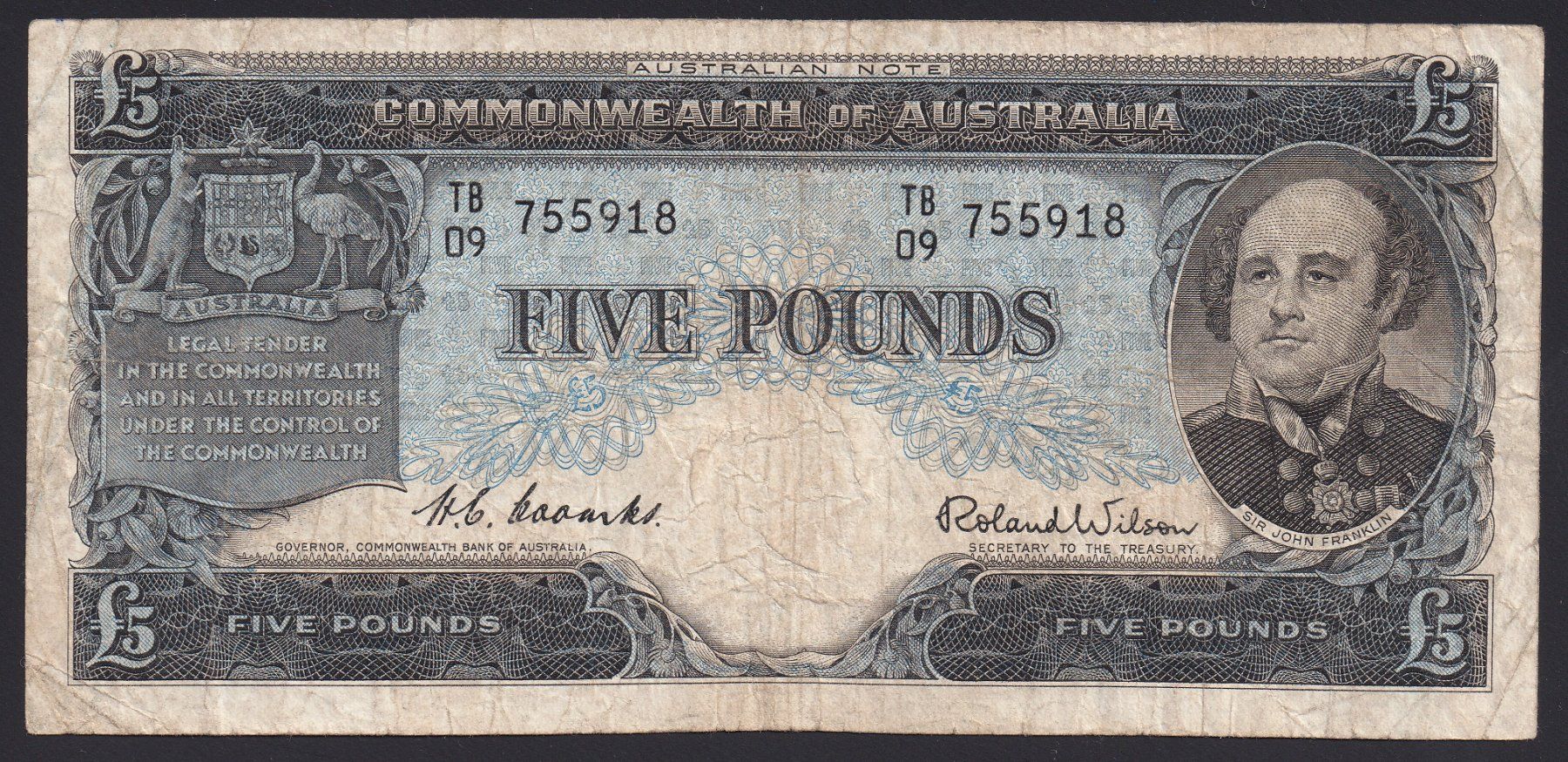 Banknoten: Australien 5 Pounds 1954 – Gebraucht aus Brugg AG von banknoten_muesli