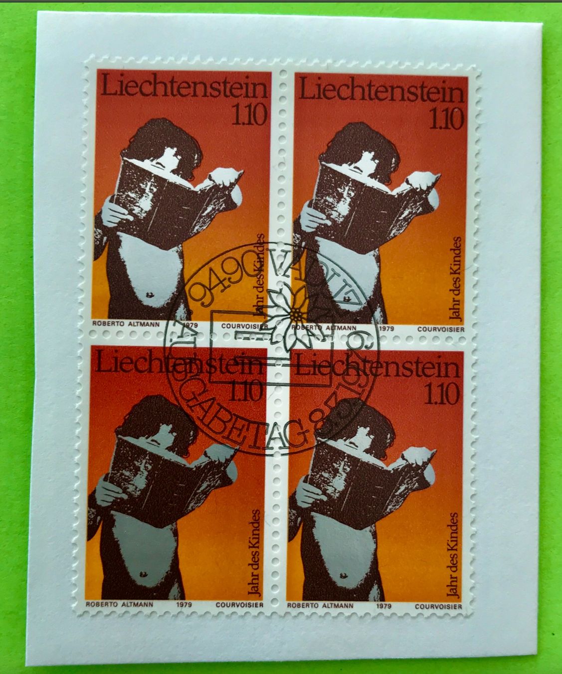 Tutti i francobolli: Briefmarken aus Liechtenstein 4 er Block mit Papier  – Usato da Aarau venduto da Angi-007