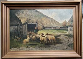 LOUISE J. GUYOT – Hirte mit Schafherde, Öl/Holz, parkettiert