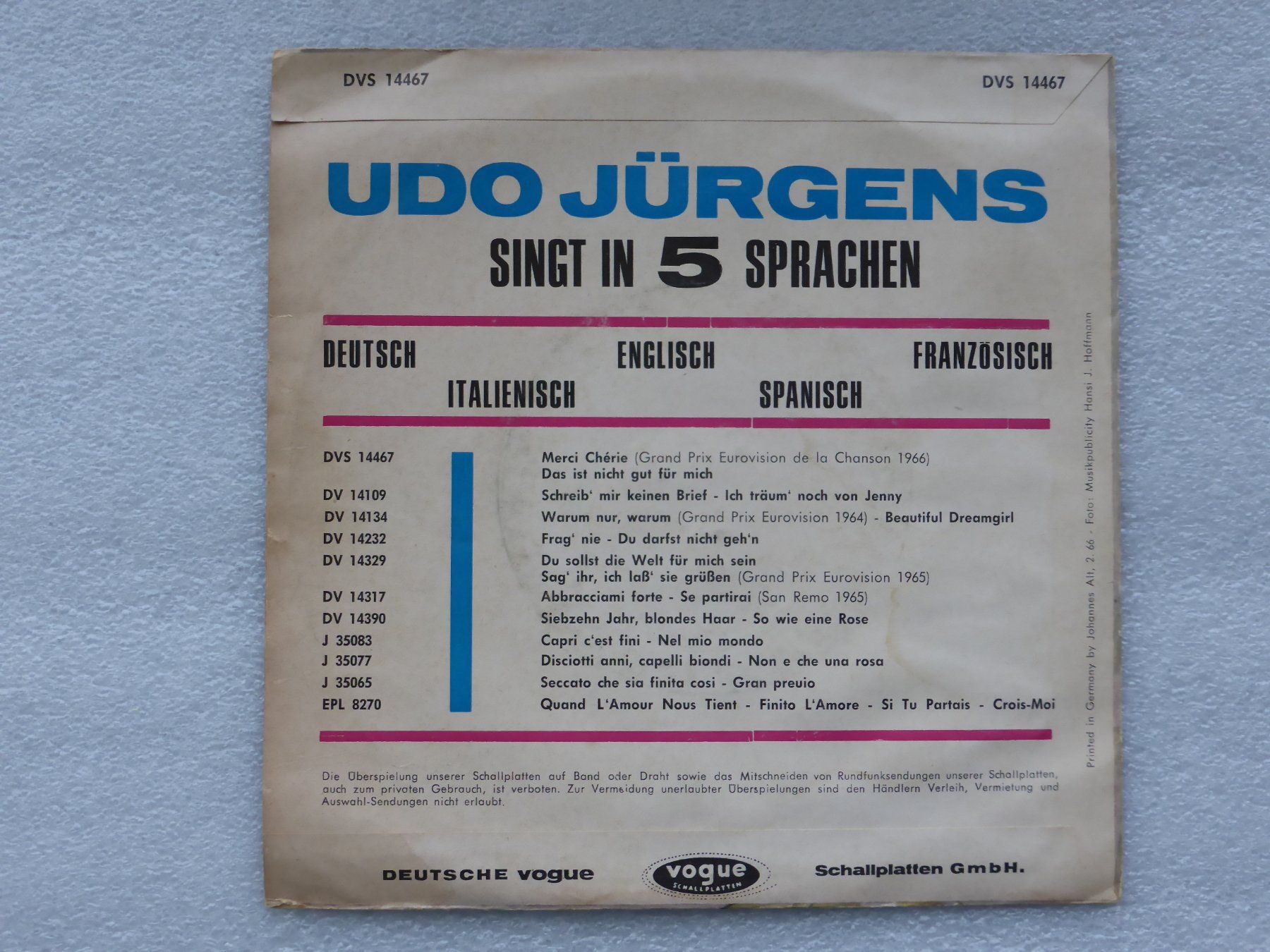 Vinyles: Vinyl Single  UDO JÜRGENS – D'occasion à Küssnacht am Rigi par Mondkinder 3