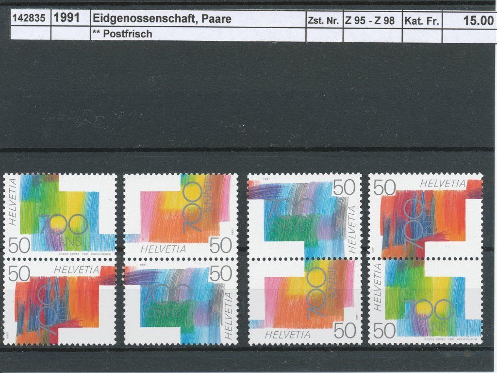 Tutti i francobolli: 1991 "700 Jahre Eidgenossenschaft - Paare", ** postfrisch – Nuovo (secondo la descrizione) da Winterthur venduto da Zupogeru