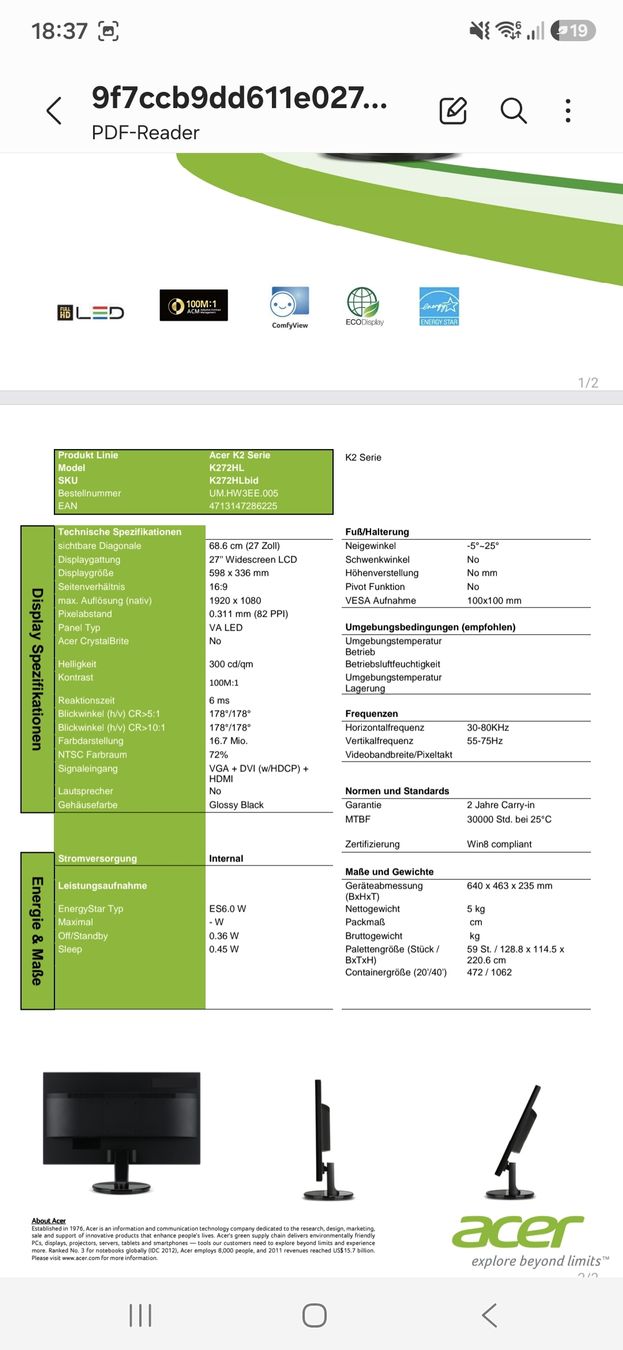 Acer Monitor: Acer Bildschirm 27'' K272HL – Usato da Pfäffikon ZH venduto da Nadine_See 4