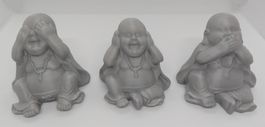3 verschiedene Buddhas ca. 77mm hoch (3D Druck / PLA/silber)