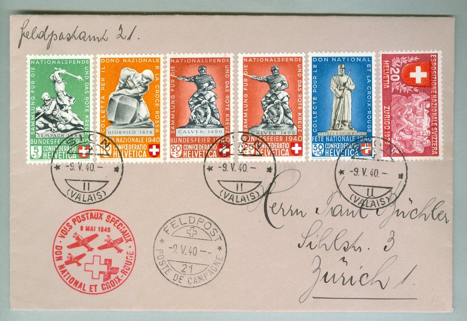 Alle Briefmarken: 1940 Schweiz Flugpost SF – Gebraucht aus Zürich von yago-rot